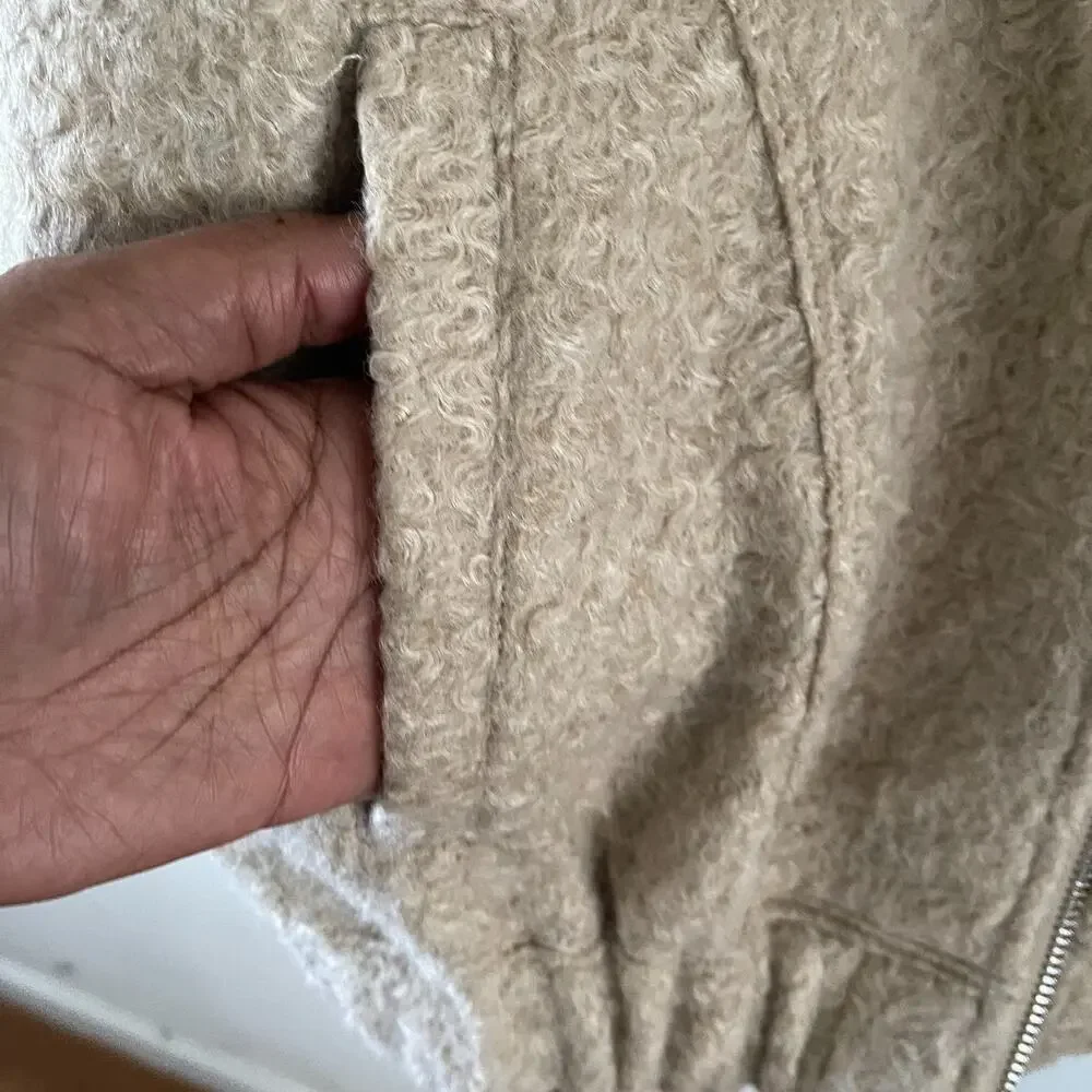 Zara Womens M/L Oversized Boucle Bomber Jacket Beige Cream Textured